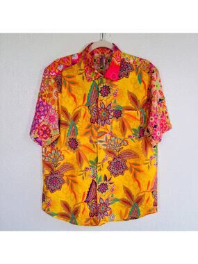 Johnny Was Swim Shirt Men Small Kaleida Cover Up Floral Resort Beach Cruise Boho